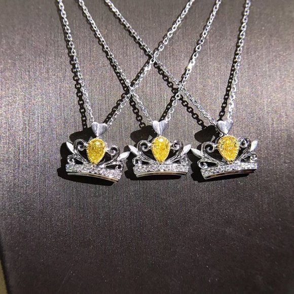 "Lovely Crown Shape Yellow Crystal Pur Pear Zircon Silver Necklace, UNVN12409 - Picture 2 of 3